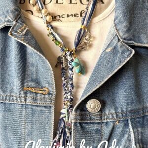 Chunky Blue and Silver Statement Necklace fabric floral cloth alpha